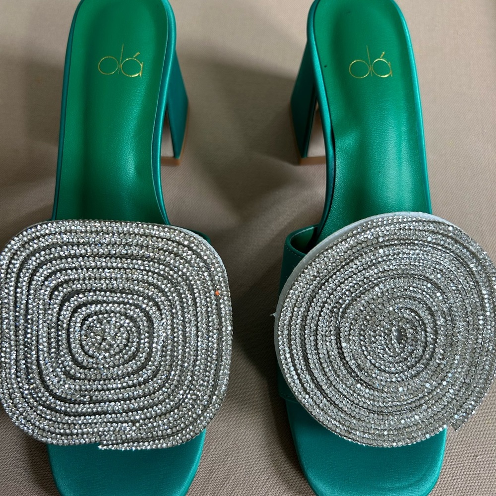 Green open back open toe Blinged heels